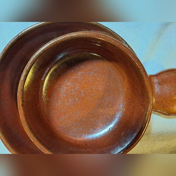 Handmade Pottery Double Circle Decorative Bowl Shimmery Orange-Brown Glaze Retro - Picture 4 of 7
